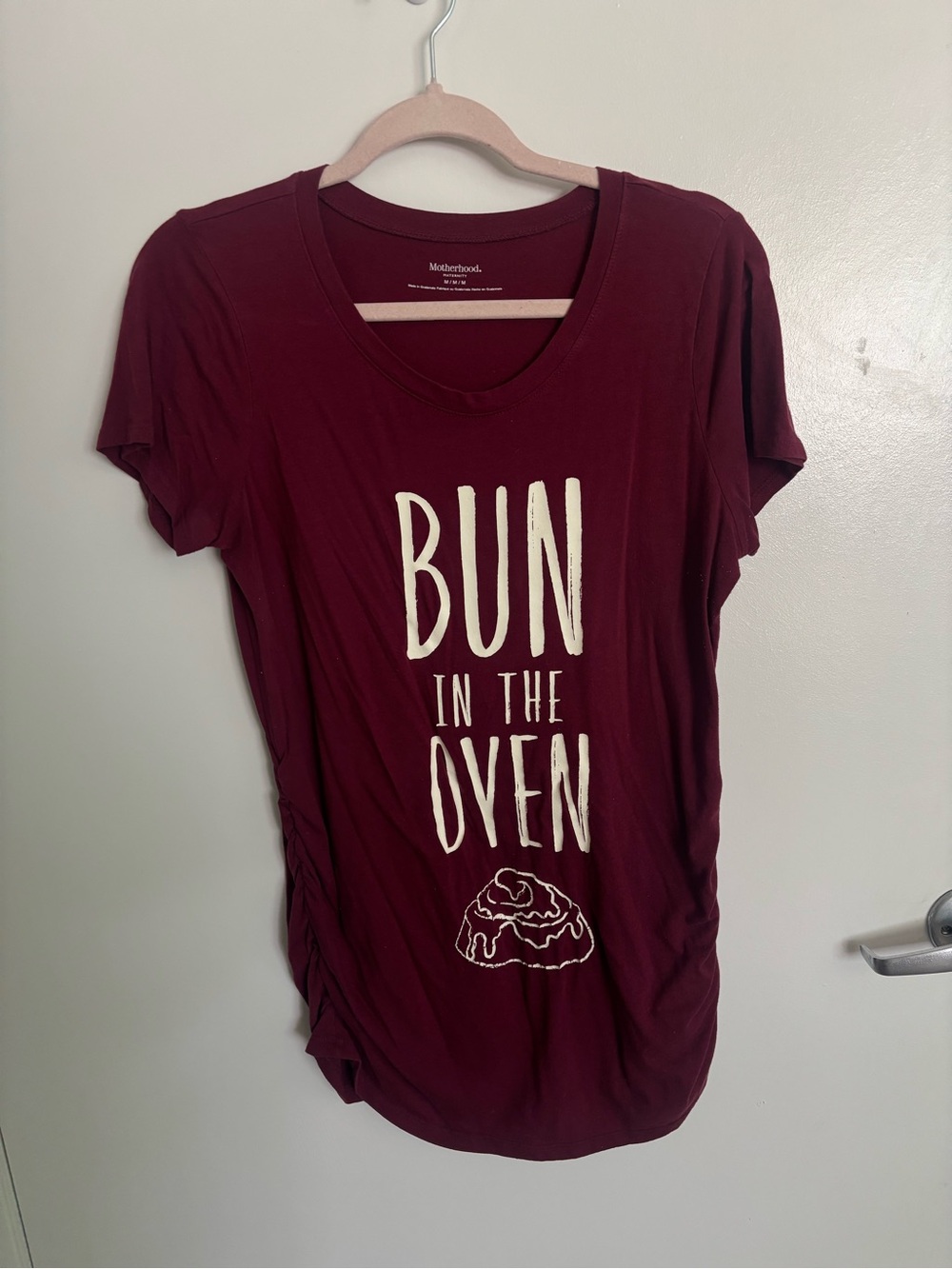 Motherhood Burgundy Maternity Tee with White 'Bun in the Oven' Graphic